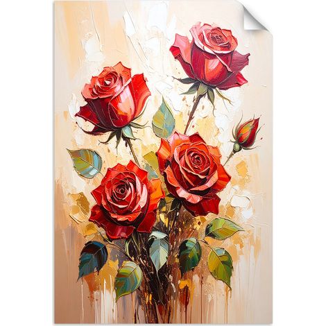 Selbstklebendes Poster – Wandsticker Rote Rosen auf beigem Hintergrund 20x30 cm