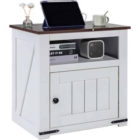 VEVOR Table deappoint de ferme a 3 niveaux, table de chevet carree avec ports et prises USB, table deappoint avec armoire de rangement, table de nuit, ideal pour le salon, la chambre, le bureau, blanc