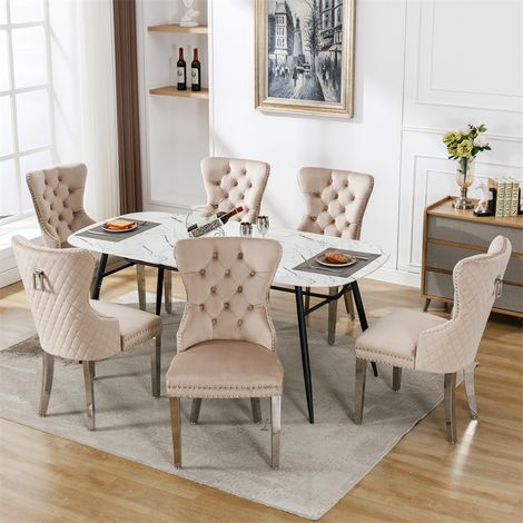 Lot de 6 chaises de salle à manger - avec garniture de tête de clou, pieds en métal , velours 94.5x62.5x53cm - beige (1/5)
