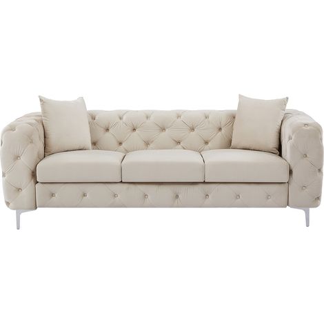 Canapé 3 places chesterfield en velours beige EDWINA (1/4)