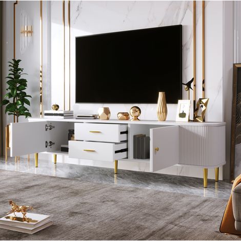Mueble TV 170x34x45 cm blanco en MDF con 2 cajones, 2 puertas y esquinas redondeadas (1/5)