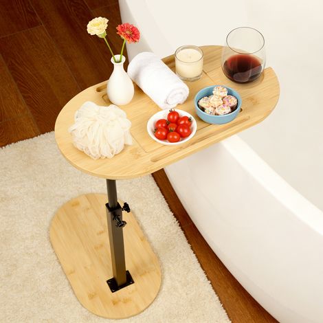 Bout de Canapé de Salon en Bambou, avec Fente pour téléphone et Tablette, Table de Chevet Réglable, table d'appoint pour baignoire, Petite Table d'Appoint pour Salon, Chambre, Bureau (1/5)