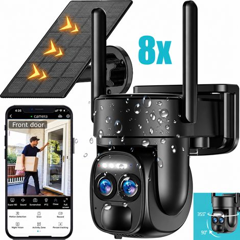 Zosudull – Caméra de surveillance extérieure 4K HD 8MP WiFi – Panneau solaire – Inclinaison 360° – Détection PIR – Vision nocturne couleur – Audio bidirectionnel