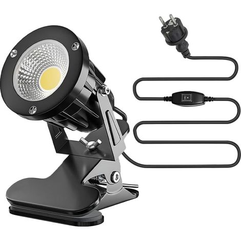Faretto LED con clip, faretto con clip da 7 W con cavo da 3 m, lampada con clip con interruttore impermeabile, resistente IP65, bianco caldo 3000 K, per uso interno ed esterno, per prato, giardino, co (1/5)