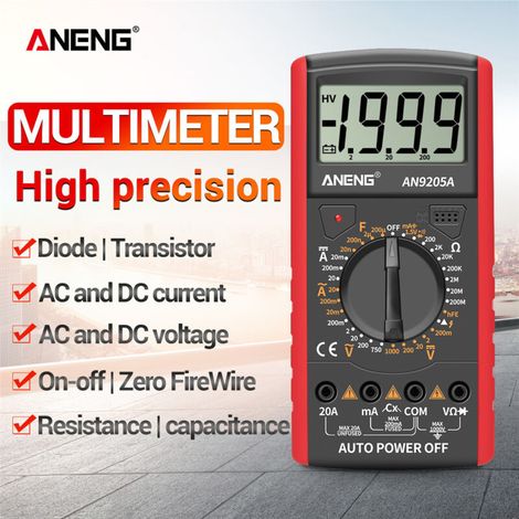 Jeffergarden ANENG AN9205A Digital Multimeter 3 1/2" LCD Screen 1999 Meter Manual Range Universal Meter AC/DC Resistance Capacitor Transistor Tester Multifunctional Ammeter with Backlight (1/5)