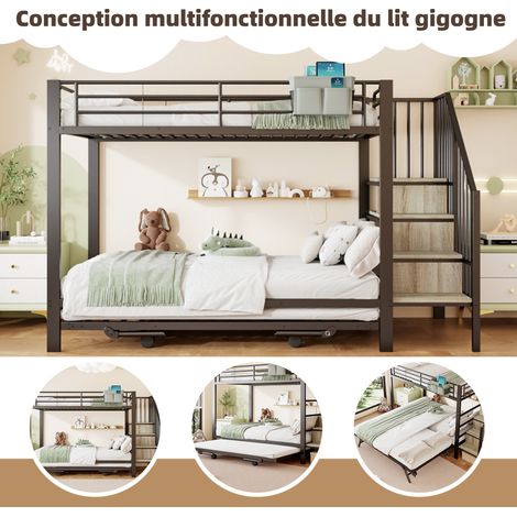Lit superposé 90x200 et 180x200, cadre en acier, couchette gigogne pratique, échelle avec tiroirs, coffre textile, sans matelas, teinte noire (1/5)