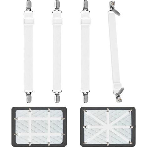 Tendeur Drap Housse pour Linge de Lit 4 Pièces, Réglable Sangles Draps Élastique Sangle de Maintien Ajustable pour Lit ou Canapé d'angle, Matelas, Fauteuil Sièges Coussin (Blanc) (1/4)