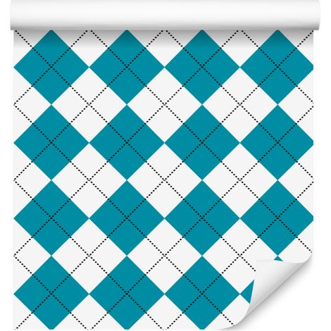 Papier peint à carreaux rétro basiques turquoise, blanc et gris clair 50 x 1000 cm (1/5)