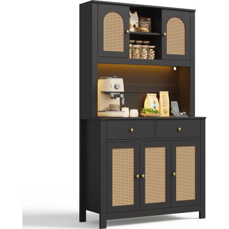 Credenza Alta da Cucina con 5 Ante in Rattan, 2 Cassetti, LED RGB e Prese, MDF Nero, 100 x 40 x 180 cm (1/5)