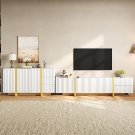Meuble TV avec rangements, façade rainurée, blanc, 190 x 35 x 45 cm OKMYHOME (1/5)