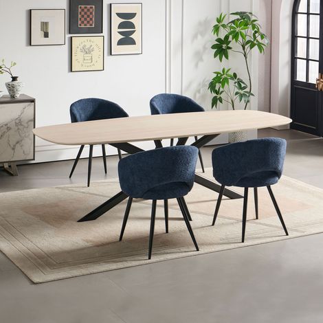 Ensemble table 200 cm effet travertin + 4 chaises tissu bouclette bleu (1/5)
