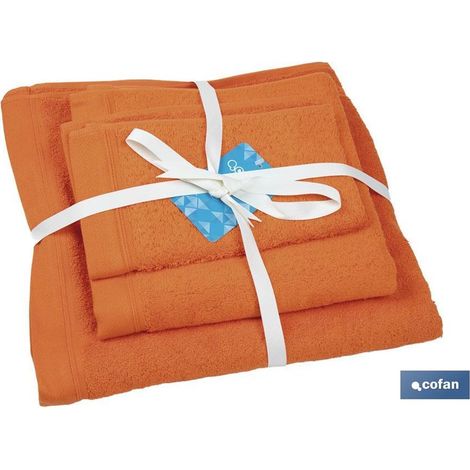 Set 3 asciugamani della linea “Amanecer” 580/mg² di diverse misure in cotone 100% arancione