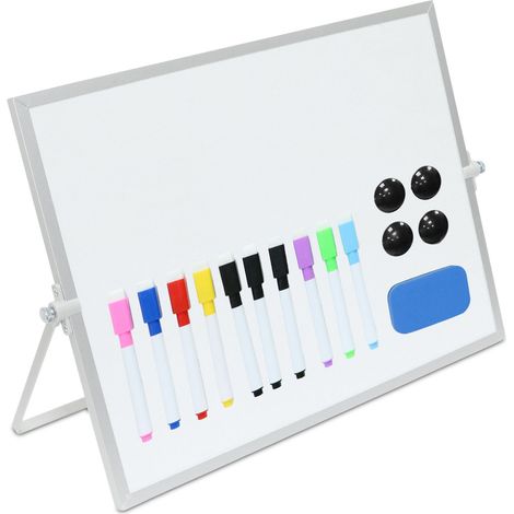Lavagna magnetica da tavolo Relaxdays, 30x40 cm, girevole 360°, con pennarelli, magneti e spugna, bianco/argento