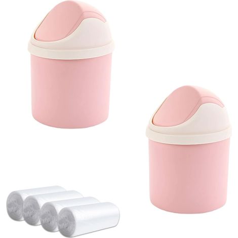 Lot de 2 mini poubelles de bureau avec couvercle et 4 rouleaux de sacs, rose, pour table, vanité, maison, voiture. (1/5)