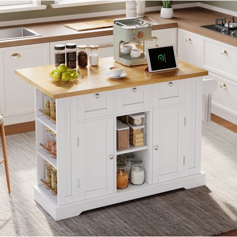 Îlot de cuisine mobile 132x40(70)x87 cm blanc et naturel en MDF avec plateau rabattable, rangements et prises intégrées (1/5)