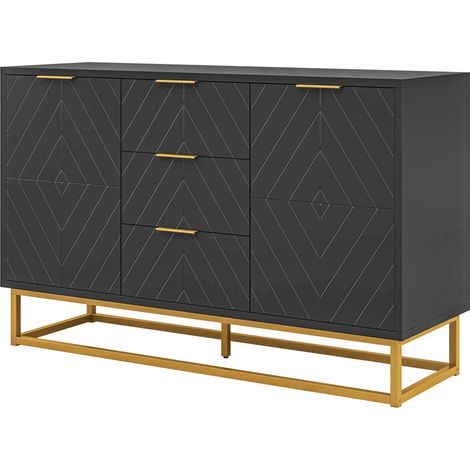 Buffet design contemporain graphique 2 placards porte étagères réglables 3 tiroirs coulissants en bois noir métal doré