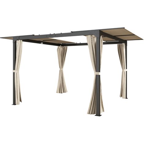 Pergola carrée avec toit coulissant 2 panneaux et rideaux structure métal aluminium 3 x 3 m beige (1/5)