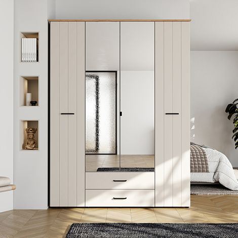 Großer Kleiderschrank Pokhar, Schlafzimmer-Schrank mit 2 Schubladen, 8 Regale, Kleiderstange, 157x208h cm Cremeweiß (1/5)