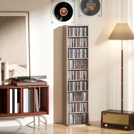 CD- und DVD-Aufbewahrungsschrank mit 9 Fächern und 6 verstellbaren Einlegeböden, maximale Kapazität 260 CDs/120 DVDs, 33 x 24 x 140 cm, Naturholz