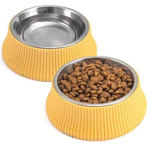 Dog Feeding Bowl Small Dogs Stainless Steel Anti-Slip Mat + Enlarge Bottom Base Dog and Cat Feeding Bowl and Water Bowl (400ml x 2, Yellow) (1/5)