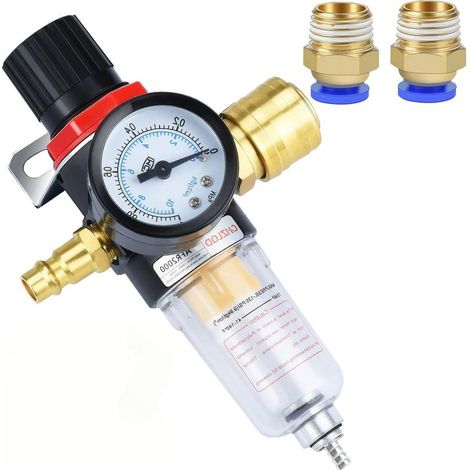 Détendeur d'air comprimé, filtre à air, régulateur de pression 1/4 BPS avec séparateur d'eau, raccords rapides allemands et manomètres (1/5)