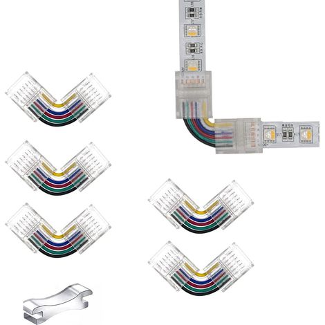 Lot de 5 connecteurs de bande LED RGBCCT 6 broches 12 mm – Adaptateur sans soudure, connexion d'extension de borne, connecteurs en forme de L pour lumières LED RGBCCT 6 broches 12–24 V (1/5)