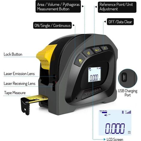 Telemetro laser con schermo LCD retroilluminato, metro a nastro, telemetro laser da 40 m, metro a nastro da 5 m, laser per misurazioni, portatile, ricaricabile (1/3)