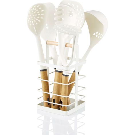 SWAN Nordic Nordic Ustensiles de Cuisine en Nylon  6 Pièces + Panier, Poignées Effet Bois  Blanc
