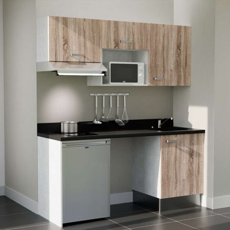 Kitchenette K55L - 180 cm - plan monobloc évier intégré Nero- évier à droite - Façades Bois + Electroménager inclus coloris Inox