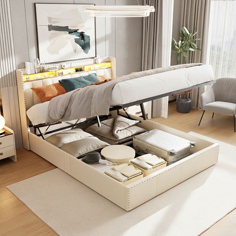 Lit capitonné 140x200 cm, avec LED, charge USB de type c, cadre de lit avec espace de rangement et sommier à lattes, lit coffre pour adolescent, lit fonctionnel, beige (1/5)