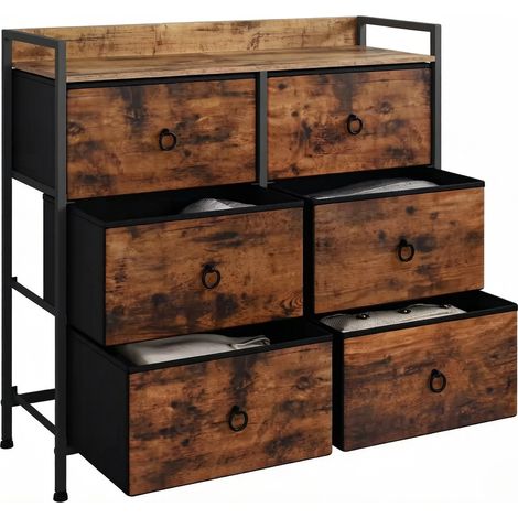 Commode rangement 6 tiroirs en bois E1 et métal rustique brun et noir 80x29x78 cm (1/5)