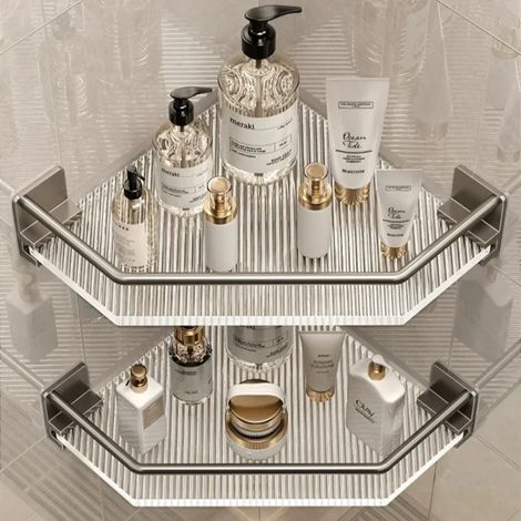 (Argent - Lot de 2) Étagères de rangement en acrylique pour salle de bain et cuisine, étagère à shampoing, étagère de douche, accessoires de salle de bain, sans perçage. (1/5)