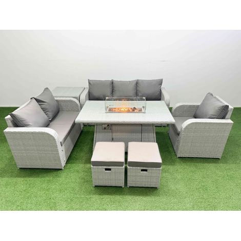 Fimous Patio PE Wicker 8 Seater Outdoor Rattan Furniture Sofa Sets with Firepit Dining Table Reclining Chair Loveseat Sofa 3 Seater Sofa Stool Side Table Light Grey (1/4)