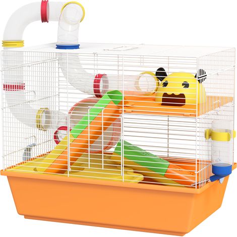 3 Tiers Gerbil Cage, Hamster Cage with Tubes, Eercise Wheel, Ladder, Top Handle, 45 28 37cm -- Orange (1/5)
