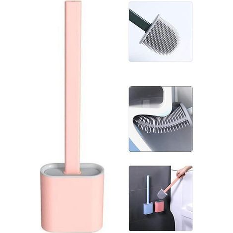brosse Wc Plate En Silicone Avec Support Couleur Rose, Brosse Wc En Silicone Et Support Pour Salle De Bain (1/5)