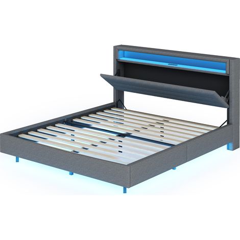 Cama doble capitoné 160x200 cm gris con USB y LED, cabecero elevable (1/5)
