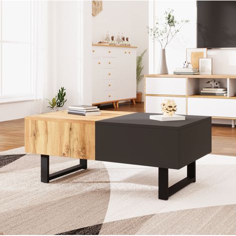table basse 155x55x40 cm naturel et anthracite – rangement coulissant (1/5)