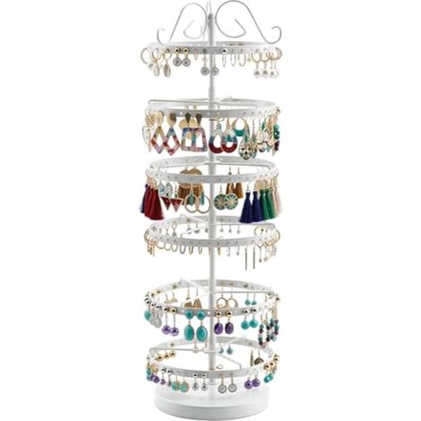 6 Niveaux porte de boucles d'oreilles, Support bijoux rotatif en métal, Distance entre les niveaux réglable, Capacité de 260 trous pour 130 paires,Blanc (1/5)