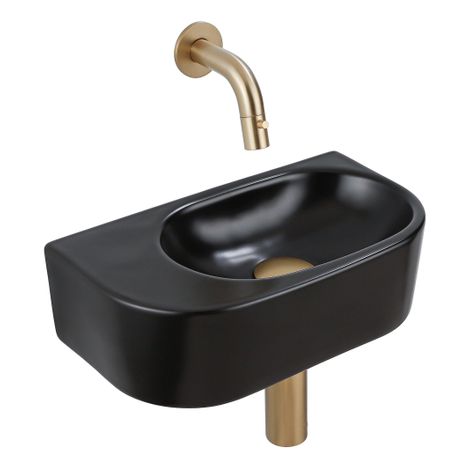 QeramiQ Fuente Ensemble de Lavabo - 40x21.5x12cm - lisse - demi-rond - céramique - ensemble de robinet en laiton brossé - bouchon de vidange - siphon