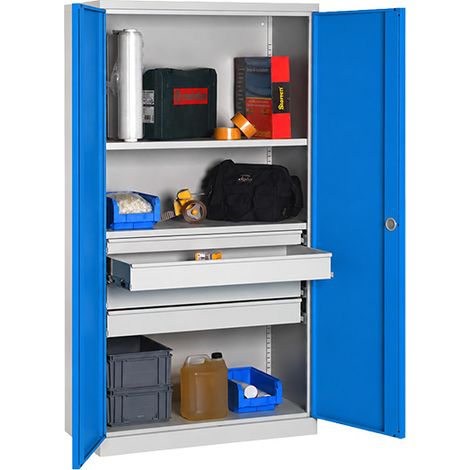 Armoire de rangement acier bleue - 4 grands tiroirs et 4 étagères charge 150kg/niveau - Dim. 1950x1000x500mm - W030090017-GCBI (1/5)