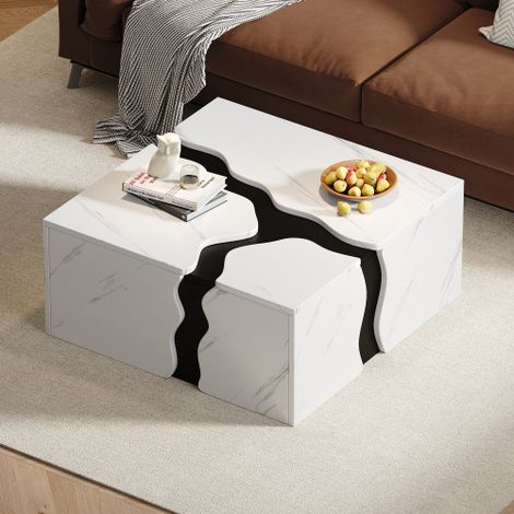 Table basse carrée 70x70x31cm,design géométrique ave1 tiroir de rangement ,blanc (1/5)