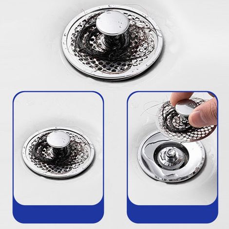 Bouchon de vidange pour lavabo, filtre, grille anti-obstruction, bonde de chasse universelle, dispositif anti-odeurs à bouton-poussoir (1/5)