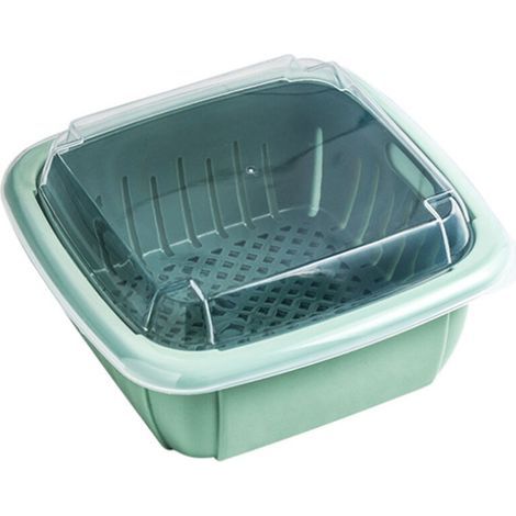 Panier de vidange multifonctionnel cuisine double couche passoire à légumes boîte de rangement de fruits avec couvercle transparent vert (1/5)