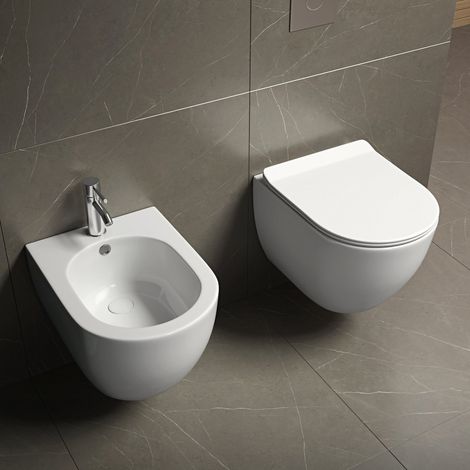 Sanitari sospesi SALVASPAZIO WC e Bidet in Ceramica Copriwater soft-close LEVANTE Bianco (1/3)