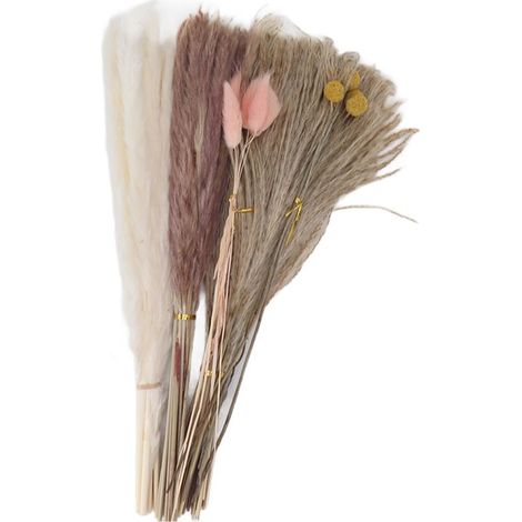 Bouquet de 70 fleurs séchées : herbes de la pampa, roseaux, queues de lapin roses et papillons jaunes. Décoration florale séchée (1/5)