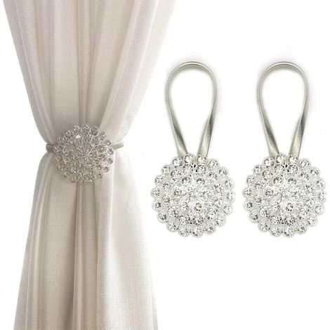 Magnetische Raffhalter, 2er-Pack, funkelnde Kristallblumen-Raffhalter, Gardinenschlaufenclips (Weiß) - Crezuo