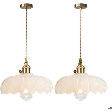 Lot de 2 Lampe Suspension Intérieur Moderne,25cm Lustre Vintage en Verre Abat-jour Design Fleur Blanc avec Interrupteur (1/5)