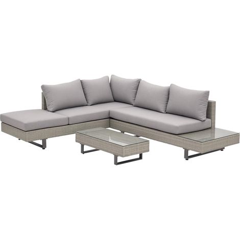 Salon de jardin d'angle 5 places, design contemporain, coussins amovibles, table basse, structure en acier tressé époxy gris