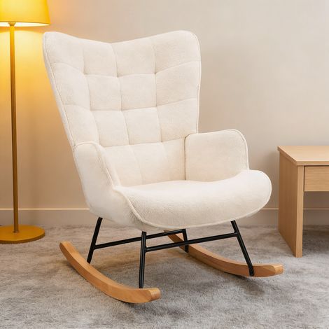 Fauteuil à bascule,rocking chair avec accoudoirs,Pieds en bois massif,Pour le salon, chambre,peluche d'agneau,beige