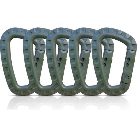 Mousquetons en Plastique – Lot de 5 – Mousqueton Tactique Militaire Noir avec Fermeture à Ressort – Mousqueton Robuste en Forme de D pour Sac à Dos, Camping et Extérieur – Carabiner(Vert) (1/5)